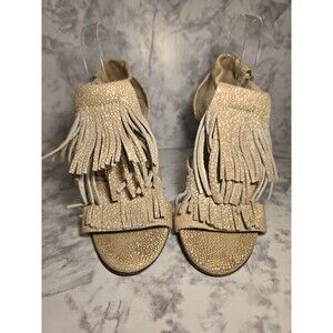 Uterqüe Women's Cream and Tan Sandals Women Sz 9 Fringe Open Toe High Heel